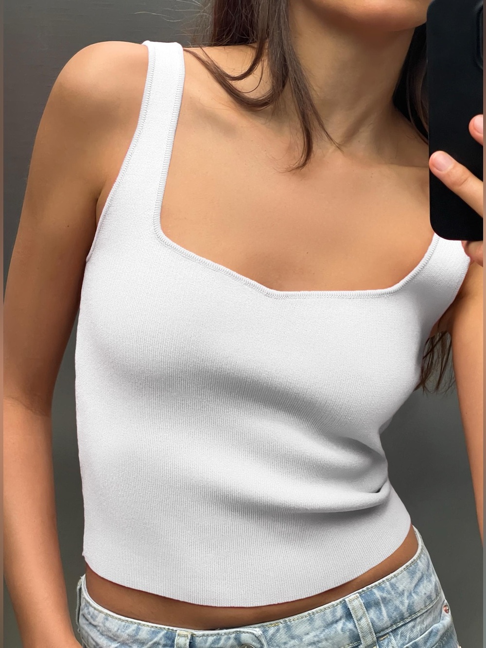 Zara NWT Basic Knit Crop Top White Square Neck Size M